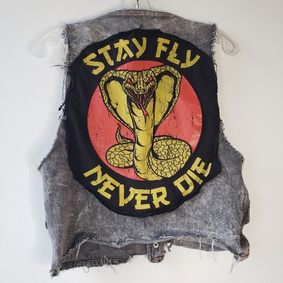 VTG x skull skates x cobra Jackets & Blazers - Handmade OOAK Grey Denim Jean Crop Acid Wash Vest Cobra Outlaw + Skull Skates